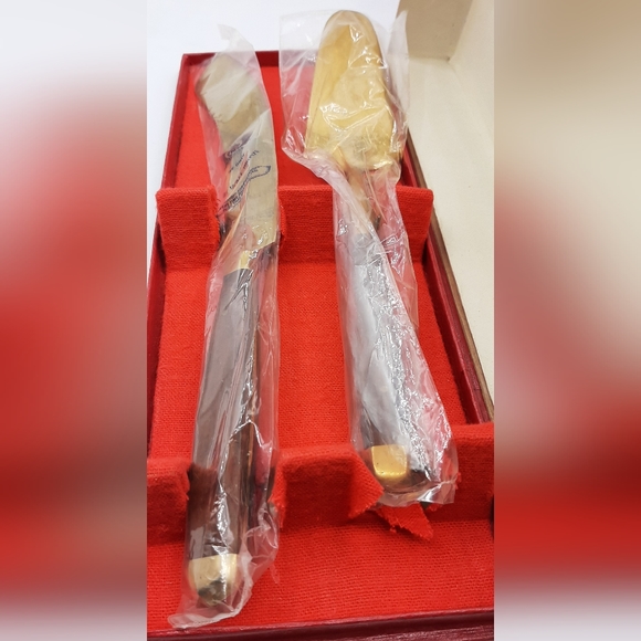 Vintage Solid Nickle Bronze Serving Set Knife & Cake Knife Wood Handles NOS - Picture 2 of 6